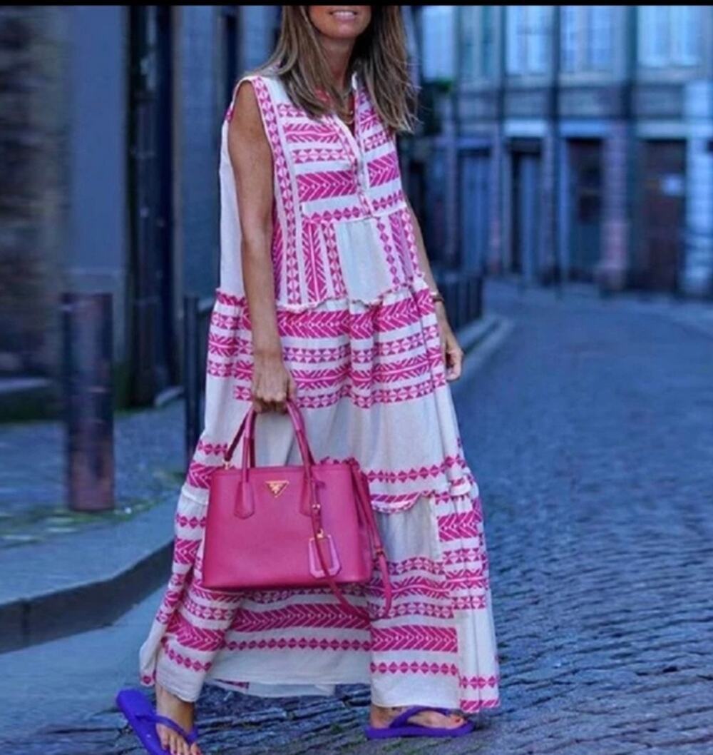 Collection by Cezele Pink Geometric Tiered Maxi Dress Medium Boho Sleeveless